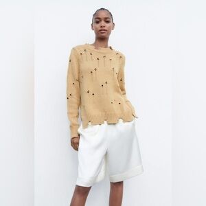 ZARA | Distressed Destroyed Knit Taupe Crew Neck Brown Tan Cotton Sweater